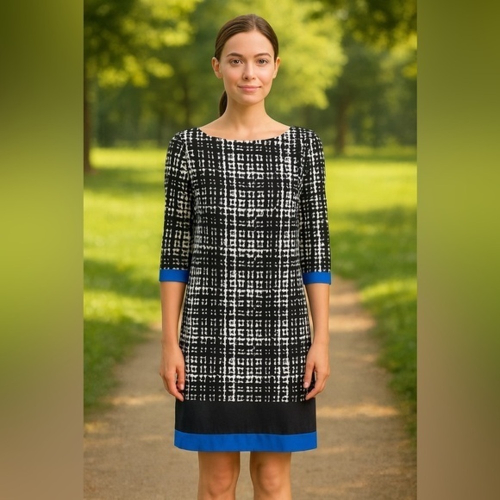 Eliza J Women's Black White Blue 3/4 Sleeve Back Zipper Dress Y2K GUC 4 #1072